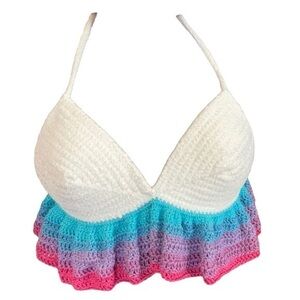 Handcrafted Ruffle Halter Crop Top White Velvet and Cotton Handmade Crochet Knit